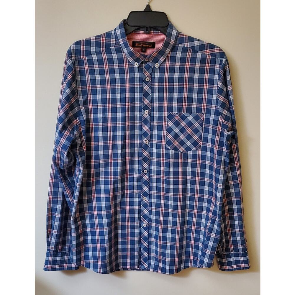 Ben Sherman Men's‎ Plaid Red Blue Long Sleeve Cotton Shirt Size L